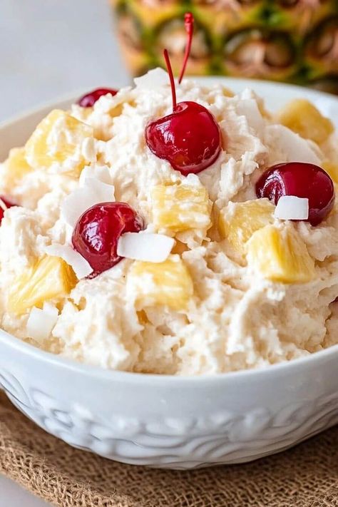 Hawaiian Pineapple Coconut Fluff Hawaiian Pineapple Coconut Fluff, Hawaiian Christmas Food, Pineapple Coconut Fluff, Pineapple Fluff Recipe, Pineapple Desert, Hawaiian Fruit Salad, Hawaiian Candy, Pineapple Fluff, Hawaiian Desserts