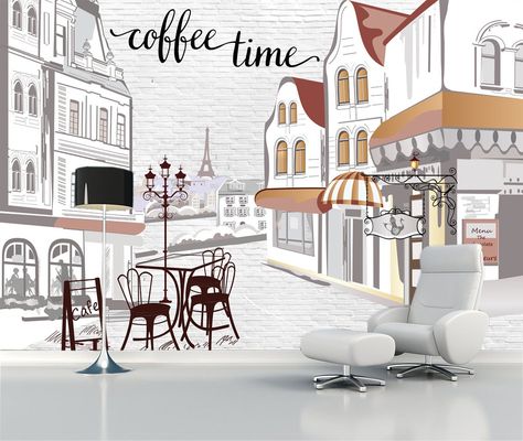 Coffee Time Wallpaper, Cafe Wall Mural, Mural Sketch, Wallpaper Cafe, Design Coffee Shop, Salad Shop, Modern Coffee Shop, 3d Coffee, Time Wallpaper