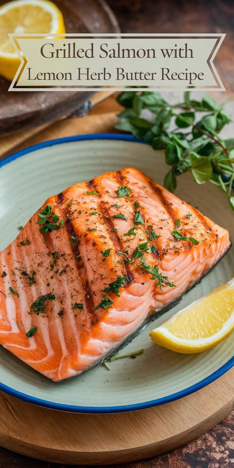 This Grilled Salmon with Lemon Herb Butter is a fresh and flavorful dish! Perfectly grilled salmon topped with a zesty, buttery herb sauce—it’s a deliciously easy way to elevate your dinner. Grilled Salmon With Lemon Butter Sauce, Herb Butter Salmon, Lemon Herb Butter, Herb Butter Recipe, Salmon With Lemon, Butter Salmon, Herb Sauce, Flavored Butter, Lemon Butter Sauce