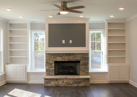 Built Ins Around 2 Windows, Built In Shelves Living Room With Bench, Fireplace With Small Windows On Each Side, Fireplace With Hearth And Built Ins, Fireplace With Built Ins And Windows, Mantle With Built Ins, Built Ins Around Fireplace With Windows, Built In Shelves Living Room With Window, Fireplace Built Ins With Windows