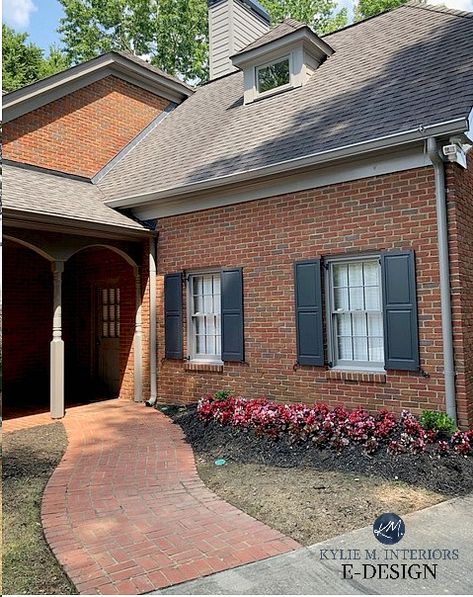 Charcoal Shutters, Orange Brick House Exterior, Shutters Brick House, Orange Brick Houses, Red Brick House Exterior, Kylie M Interiors, Red Brick Exteriors, Shutter Colors, House Colour