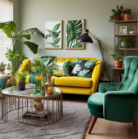 Green Room Yellow Sofa, Green And Yellow Living Room Decor, Mustard Yellow And Green Living Room, Bright Color Room, Green And Mustard Living Room, Green Yellow Living Room, Yellow And Green Living Room, Green And Yellow Living Room, Green Living Room Designs