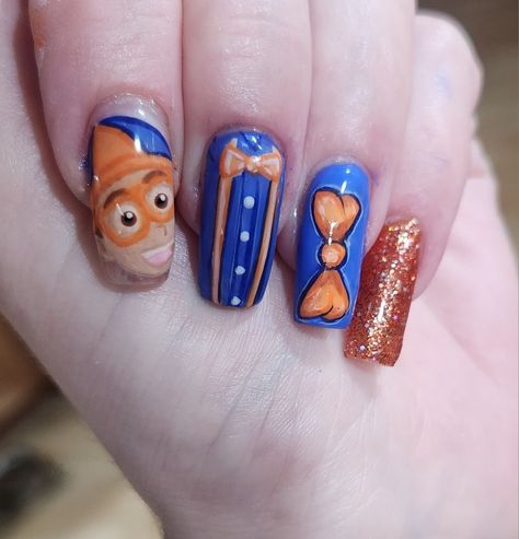 Hand painted Blippi Nails Blippi Inspired Nails, Blippi Nails, Polygel Ideas, Inspired Nails, Nail Designs Spring, 4th Birthday, Nail Ideas, Nail Designs, Hand Painted