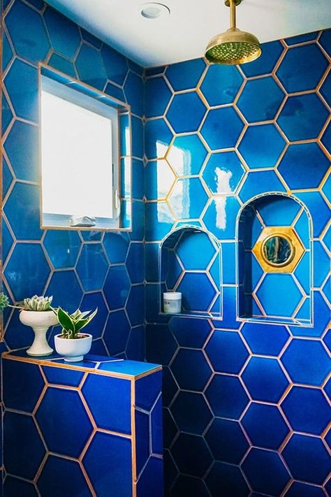 Trend Alert: Colorful Grout Blue Hexagon Tile, Glitter Grout, Cheap Tiles, Bathroom Big, Gorgeous Apartment, Coloured Grout, Gorgeous Tile, Fireclay Tile, Small Showers