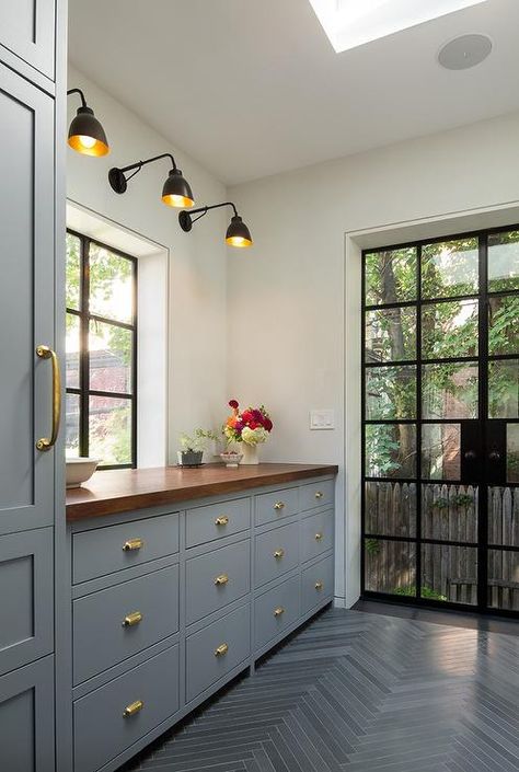 Cabinets painted with Benjamin Moore Deep Silver.  Gerry Smith Architects.  Beautiful design and those floors are incredible! Window Lighting, Brooklyn Brownstone, Cabinet Paint Colors, Kitchen Interiors, Gray Cabinets, Black Windows, Kitchen Farmhouse, Wood Counter, Grey Kitchen