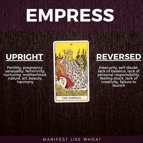 The Empress Tarot Card Meaning Upright: Fertility, pregnancy, sensuality, femininity, nurturing, motherhood, nature, art, beauty, harmony
The Empress Tarot Card Meaning Reversed: Insecurity, self-doubt, lack of balance, lack of personal responsibility, feeling stuck, lack of creativity, failure to launch The Empress Reversed, Empress Tarot Card Meaning, Failure To Launch, The Empress Tarot, Learning Tarot, Empress Tarot Card, Learn Tarot, Empress Tarot, Arcana Tarot