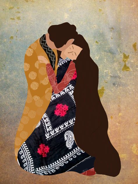 Kurdish Illustration, Kurdish Art Paintings, Kurdish Painting, Kurdish Couple, Kurdish Aesthetic, The Kiss Painting, Kurdish Art, Kiss Painting, Folklore Art