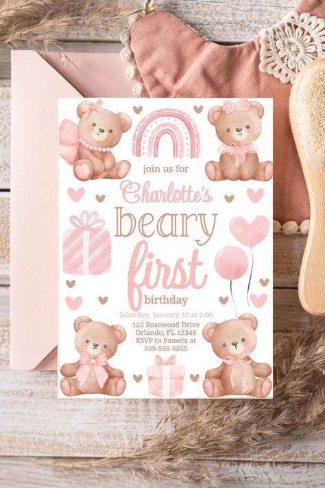 Beary First Birthday Invite Girl Teddy Bear Birthday Invitation Template 1st Birthday Girl Beary First Invitation Coquette First BT1 - Etsy Bear 1st Birthday Party Girl, Teddy Bear 1st Birthday Girl, Beary First Birthday Girl, First Birthday Girl Invitations, First Birthday Bear Theme, Birthday Digital Invitations, Teddy Bear Birthday Invitations, Birthday Themes For Girls, Beary First Birthday