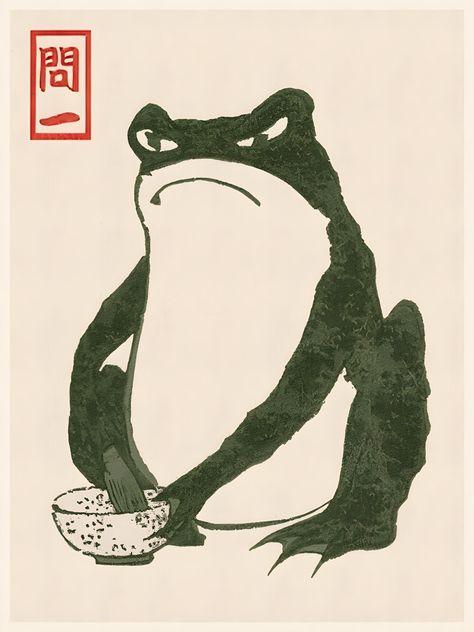 Japanese Frog Art, Green Posters, Japanese Frog, Japanese Contemporary Art, Frog Wallpaper, Japanese Drawings, Japanese Art Prints, Frog Art, Iphone Wallpaper Themes