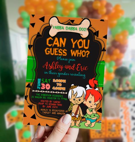 The Flintstones gender reveal, gender reveal, Pebbles Invitation, Flintstones Invitation, gender reveal, Bam Bam, digital, printable, orange, green Gender Reveal Cartoon Themes, Flinstones Gender Reveal, Flintstones Gender Reveal, Pebbles And Bam Bam, Yabba Dabba Doo, Gender Reveal Party Theme, The Flintstones, Gender Reveals, Baby Care Tips