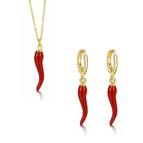 Dreuyet Italian Horn Hoop Earrings and Necklace for Women Girls Dainty Enamel Red Chili Pepper Shaped Horn Pendant Chain Necklace Talisman Protection Jewelry Lucky Amulet Cornicello Charm Necklaces Italian Horn, Protection Jewelry, Red Chili Peppers, Horn Pendant, Earrings And Necklace, Gold Charm Necklace, Charm Necklaces, Red Chili, Chili Pepper