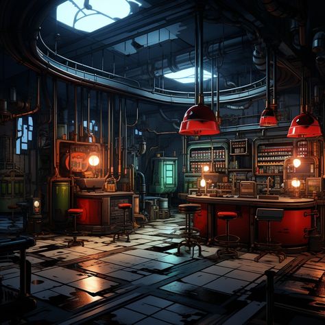 Cyberpunk Workshop, Garage Concept Art, Cyberpunk Garage, Cyberpunk Style, Writing Inspiration, Cyberpunk, Concept Art, Lab, Garage