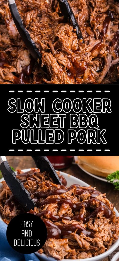 Collage of closeup shot of slow cooker BBQ pulled pork at top and platter full of slow cooker BBQ pulled pork at bottom. Pulled Pork Crock Pot Recipes Bbq, Crock Pot Bbq Pulled Pork, Pulled Pork Crock Pot Recipes Easy, Best Slow Cooker Pulled Pork, Bbq Pork Roast, Bbq Pork Crockpot, Easy Pulled Pork Crock Pot, Slow Cooker Pulled Pork Recipe, Easy Pulled Pork Slow Cooker