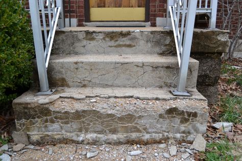 Look what winter did to my porch! The concrete stairs were cracked already, but the snow and ice pushed it over the edge. The bottom step is crumbling more and more each day. Repairing the porch was on my to-do list, but this has moved it to number one with a bullet.   Update: See how we repaired … Resurfacing Concrete Steps, Old Concrete Steps Makeover, Covering Concrete Steps, Concrete Steps Makeover, Step Makeover, Cement Stairs, Repairing Concrete Steps, Fix Cracked Concrete, Stairs Repair