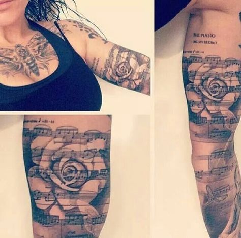 Love the detail Tattoo Music Notes, Sheet Music Tattoo, Music Tattoo Sleeves, Music Notes Tattoo, Tattoo Music, Music Note Tattoo, Music Quote, Music Tattoo Designs, Note Tattoo