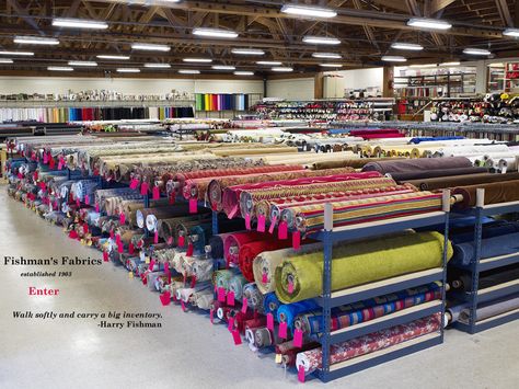 fishman's fabrics  1101 s des plaines st  chicago il 60607    www.fishmansfabrics.com Fabric Shop Display, Sewing Studio Organization, Thrift Store Diy Projects, Fabric Store Displays, Fabric Store Design, Factory Interior, Thrift Store Diy, Sewing Factory, Warehouse Design