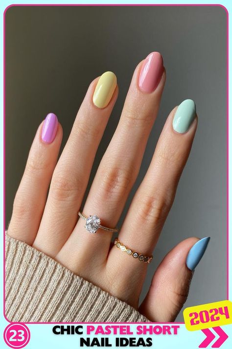 Multi-colored pastel short nails, playful and vibrant. Each nail features a different color, creating a fun and lively look, perfect for expressing creativity with pastel pink nails. Nails For Teachers, Short Nail Ideas, Pastel Pink Nails, Pastel Nail Art, Nails Kit, Pastel Nails Designs, Summer Gel Nails, Back To School Nails, Green Nail Designs