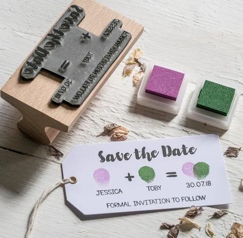 Label stamped with couples fingerprints in purple and green alongside name and date Save The Date Homemade, Homemade Save The Dates, Save The Date Wedding Invitations, Renew Vows, Save The Date Stamp, Diy Save The Dates, Wedding Stamps, Diy Wedding Stationery, Calendar Stamps