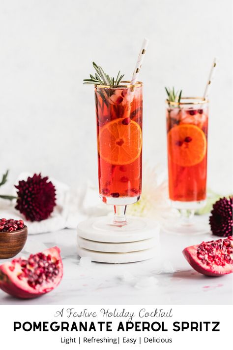 Tart pomegranate juice and bright, citrusy Aperol are combined with prosecco and club soda to create a light, refreshing, not overly sweet bubbly cocktail! #aperolspritz #holidaycocktail #winteraperolspritz #pomegranate #cocktail #easyrecipe Winter Aperol Spritz, Pomegranate Cocktail, Festive Holiday Drinks, Aperol Spritz Recipe, Festive Holiday Cocktails, Spritz Recipe, Italian Cocktails, Festive Cocktails, Holiday Cocktail