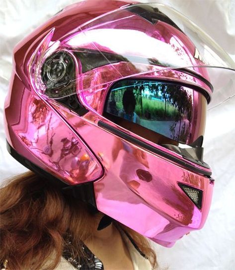 Pink Motorcycle Helmet, Chrome Pink, Pink Motorcycle, Cool Motorcycle Helmets, Motorbike Helmet, Pink Chrome, Cool Motorcycles, Bike Gear, Biker Chick