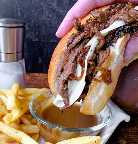 Easy French Dip Sandwiches with Picante Provolone » Not Entirely Average French Dip Sandwich With Shaved Steak, Easy French Dip Sandwiches, Shaved Steak Recipe, Leftover Roast Beef Recipes, Shaved Beef, Shaved Steak, French Dip Recipes, Deli Style Sandwiches, Leftover Pot Roast