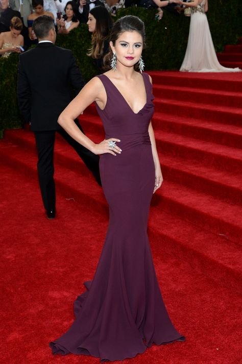 Shop this look for $71:  http://lookastic.com/women/looks/silver-statement-earrings-and-silver-statement-ring-and-dark-purple-evening-dress/2272  — Silver Statement Earrings  — Silver Statement Ring  — Dark Purple Evening Dress Selena Gomez Fashion, Selena Gomez Dress, Dark Purple Dresses, Purple Gown, Purple Evening Dress, Gala Fashion, Charles James, Purple Gowns, Plum Dress