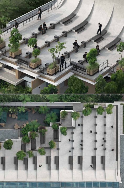 This Building With A Split Roof Makes Space For A Rooftop Park Ramps Architecture, Roof Skylight, Skylight Design, Rooftop Design, Architecture Design Drawing, Garden Layout, Roof Design, Site Plan, Modern Buildings