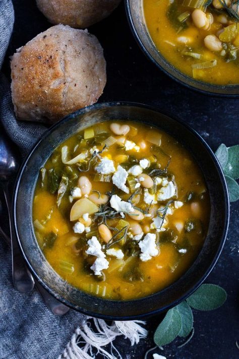 A simple recipe for Pumpkin Soup With Leeks, Kale, white beans and Sage. Vegan, flavorful, and EASY- can be made in 30 minutes! #pumkinsoup #vegansoup Recipe For Pumpkin Soup, Soup With Leeks, Fall Dinner Ideas, Feasting At Home, Vegan Pumpkin Soup, Pumpkin Soup Recipe, Fall Soup Recipes, Homemade Pumpkin Puree, Kale Soup