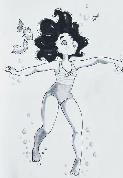 Underwater Hair Drawing Reference, Person Underwater Drawing, Underwater Hair Drawing, Underwater Drawing Reference, Person Underwater, Underwater Illustration, Pinup Drawing, Underwater Drawing, Underwater Cartoon