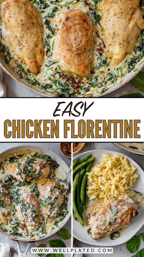 Tender chicken breasts cooked in a garlicky spinach cream sauce, this chicken Florentine recipe is an Italian classic that's easy to make at home! Easy Chicken Florentine Recipe, Spinach Chicken Recipes, Easy Chicken Florentine, Spinach Florentine, Chicken Spinach Recipes, Chicken Florentine Recipe, Spinach Cream Sauce, Florentine Recipe, Chicken Scallopini