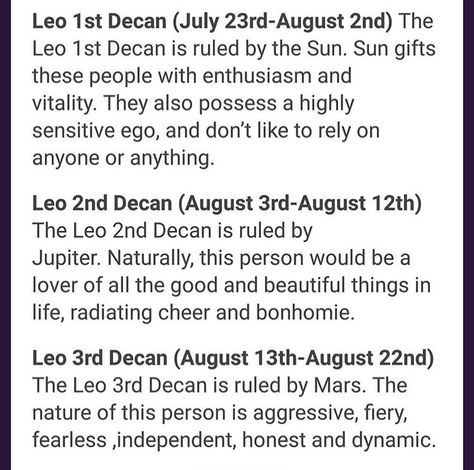 Leo DECANS Leo Decans, July Leos Vs August Leos, Capricorn Ascendant, Leo Daily Horoscope, Astrology 101, Chart Astrology, Positive Traits, Astrology Leo, Tarot Tips