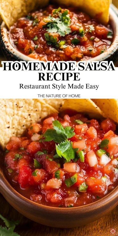 Discover the secret to perfect restaurant-style salsa! This homemade recipe is packed with fresh ingredients and bold flavors. Save this pin to make salsa so good, you’ll never order it out again. Chunky Salsa Recipe For Canning, Warm Salsa Recipe, Home Made Salsa Recipe, Seafood Salsa, Quick Salsa Recipe, Best Salsa Recipe Ever, Cooked Salsa Recipe, Diy Salsa, Home Made Salsa