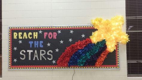 Reach for the stars back to school bulletin board. Reaching For The Stars Bulletin Board, Shoot For The Stars Bulletin Board, Stars Bulletin Board Ideas, Reach For The Stars Bulletin Board, Proud Cloud, Star Bulletin Boards, September Bulletin Boards, Superhero Classroom Decorations, Star Of The Week