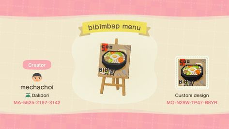 Korean Food Menu - Animal Crossing Pattern Gallery & Custom Designs Animal Crossing 3ds, Food Signs, Korean Restaurant, Korean Design, Korean Products, New Animal Crossing, Food Clothes, Animal Crossing Game, Animal Crossing Qr