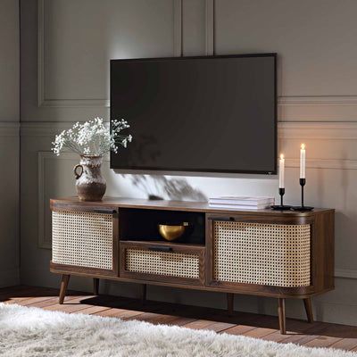 Izzy Curved Rattan 150cm TV Unit, Natural | daals Tv Tables Ideas, Tv On Cabinet, Focal Wall Living Room, Tv Rack Design Living Rooms, Tv Shelf Decor, Tv Table Decor, Tv Table Ideas, Rattan Tv Console, Tv Unit Living Room