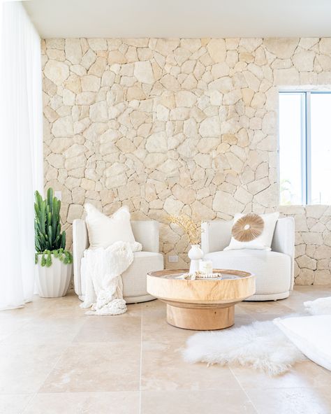 Stone Feature Wall, Fabric Chair, Coastal Boho, Curved Staircase, Storey Homes, Stone Feature, Level Homes, Natural Fabric, House Renovation