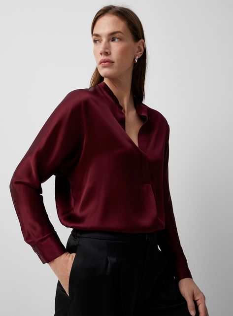 Satin Shirt Outfit, Silk Shirt Style, Red Silk Blouse, 2023 Outfits, Burgundy Blouse, Satin Shirt, Office Style, Winter 2023, Red Silk