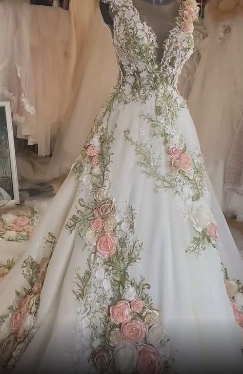 Wedding Dresses 3d Flowers, Fairy Wedding Dress, Garden Wedding Dresses, Floral Wedding Dress, V Neck Wedding Dress, Dream Wedding Ideas Dresses, Fantasy Gowns, A Wedding Dress, Ball Gowns Prom