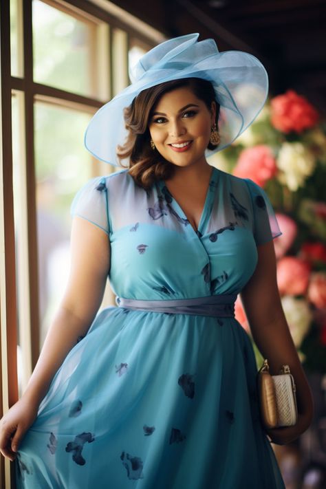 Plus size female guest wearing stylish blue dress with a hat for a summer wedding Flattering Plus Size Dresses Formal, Flattering Outfits For Plus Size Summer, Wedding Guest Looks Plus Size, Classy Summer Dress, Cute Plus Size Clothes, Outfit Ideas Everyday, Summer Wedding Attire, Trendy Outfits Inspiration, Casual Trendy Outfits