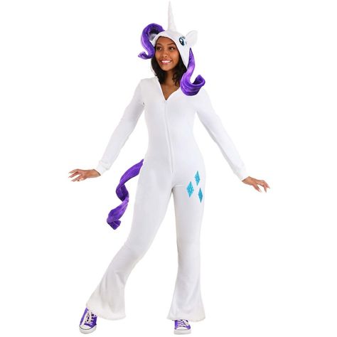 Now, you can cosplay as your favorite pony with ease! This Adult My Little Pony Rarity Costume is a Made By Us design that's officially licensed from the cartoon series. The costume starts with a white jumpsuit made out of a soft, velour material to keep you comfy during your adventures in Equestria. The jumpsuit fits with a zipper in the front, so making a quick transformation is easy as pie!The jumpsuit comes with a lot of great details designed right into it! The back of the suit has a stuffe Rarity Cosplay, Rarity Costume, Pony Costume, Pony Makeup, My Little Pony Rarity, My Little Pony Costume, Horse Costumes, Jumpsuit Fitted, My Lil Pony