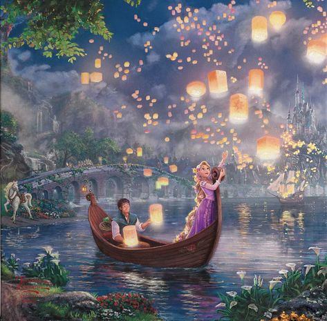 A gorgeously detailed canvas painting of the lantern scene from Tangled — you'll just fall in love with it when it combs. In fact, anyone who sees it in your home will too. Have fun picking out all the little details you'll inevitably miss on your first viewing! Tangled Painting, Traditional Fairy Tales, Kinkade Disney, Kinkade Paintings, Thomas Kinkade Disney, Deco Disney, Rapunzel And Flynn, Foto Disney, Floating Lanterns