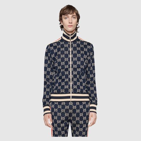 GG jacquard cotton jacket - Gucci Men's Sweatshirts 496919X9V054245 Rhombus Design, Tracksuit Jacket, Luxury Style, Zipper Jacket, Blue Ivory, Cotton Jacket, Casual Backpack, Jogging, Fashion Bags