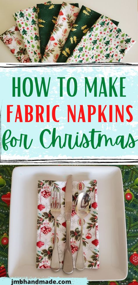 Sew some fabric napkins to dress up your table this Christmas. Quick and easy sewing project so you can make more than one at a time. Perfect sewing pattern to use to make fabric napkins for any occasion. Make Napkins Sewing Projects, Making Napkins Sewing Projects, How To Sew Table Napkins, Christmas Table Sewing Projects, Sewing Patterns Free Christmas, Fabric Napkins Diy How To Make, Sewing Napkins Ideas, Cloth Napkin Sewing Pattern, Crafts With Christmas Fabric