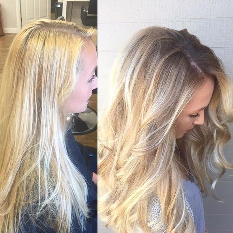 Reverse balayage to blend roots Roots Blended Into Blonde, Reverse Bayalage Blonde, Blonde Dark Roots Balayage, Reverse Bayalage, Reverse Balayage Before And After, Blended Roots, Root Blend, Balayage Hair Blonde Long, Root Smudge