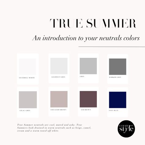 The True Summer Palette Guide for 2023 | Curate Your Style True Summer Dark Colors, Curate Your Style True Summer, True Summer Inspiration, Curate Your Style, True Summer Color Palette Clothes, Cool Summer Neutrals, True Summer Fashion, True Summer Neutrals, True Summer Capsule Wardrobe