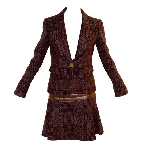 Chanel Jacket and Skirt Ensemble with Crocodile-Stamped Leather Detail | From a collection of rare vintage suits, outfits and ensembles at https://www.1stdibs.com/fashion/clothing/suits-outfits-ensembles/ Vintage Designer Aesthetic Fashion, Vintage Designer Aesthetic, Vintage Chanel Clothing, Chanel Clothes, Collage Idea, Chic Closet, Suits Outfits, Designer Aesthetic, Stamped Leather