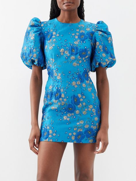 Blue Puff-sleeved floral-jacquard mini dress | Ganni | MATCHESFASHION US Diner Dress, Wedding Event Outfits, Sadies Dress, Clothes Uk, Ganni Dress, Mini Dress Formal, Blue Crew, Summer 2025, Event Outfit