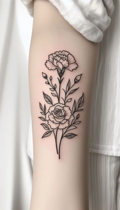 Minimal Rose & Carnation Tattoo – June & January Birth Flowers Carnation Line Drawing Tattoo, January Flower Tattoo Carnation, Rose Carnation Tattoo, Waterlily Flower Tattoo, Rose And Carnation Tattoo, Carnation Flower Tattoo Design, Carnations Tattoo, January Flower Tattoo, Birth Flower January