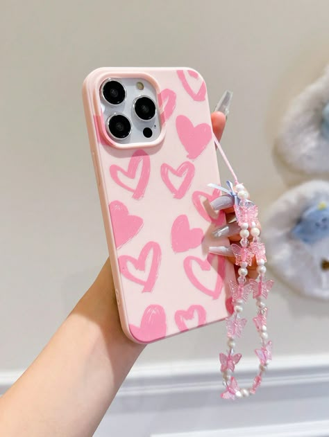 Cute Heart Illustration Shockproof Phone Case For Apple IPhone With Butterfly Strap - Fits IPhone 14 Pro Max, 13, 12/12 Pro, 11 - Stylish, Trendy, And High-Quality Phone Accessory Pink    TPU Animal,Geometric,Graphic Ordinary Mobile Phone Case   Cases, size features are:Bust: ,Length: ,Sleeve Length: Pink Diy Phone Case, Phone Cases With Charms, Phone Cover Decoration Ideas, Iphone 14pro Case, Pink Phone Cases Aesthetic, Aesthetic Phone Case Design, Sparkly Phone Cases, Diy Resin Phone Case, Animal Geometric