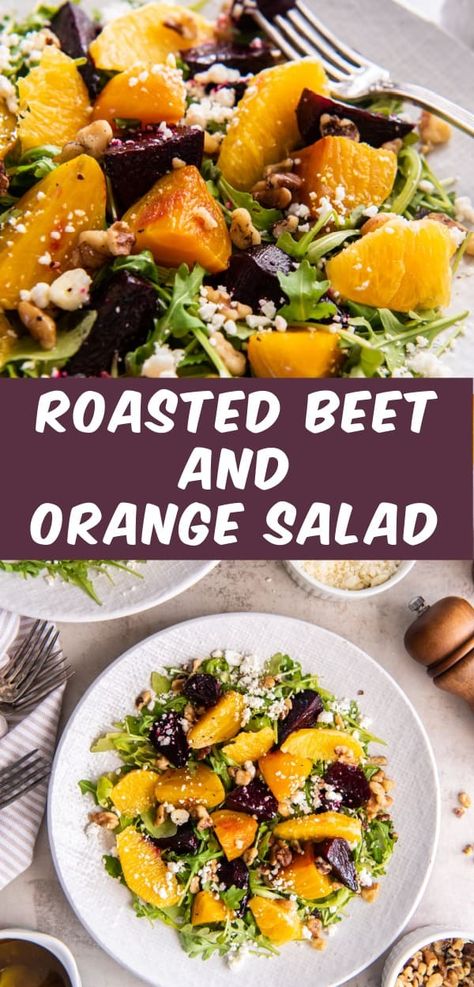 Roasted Beet and Orange Salad is a nutritious and delicious meal! Roasted beets and fresh oranges are layered over a bed of arugula and topped with goat cheese, walnuts and citrus vinaigrette dressing! Beet And Orange Salad, Orange Vinaigrette, Roasted Beet Salad, Karo Syrup, Holiday Dishes, Fresh Salad Recipes, Salad Toppings, Orange Salad, Fun Salads